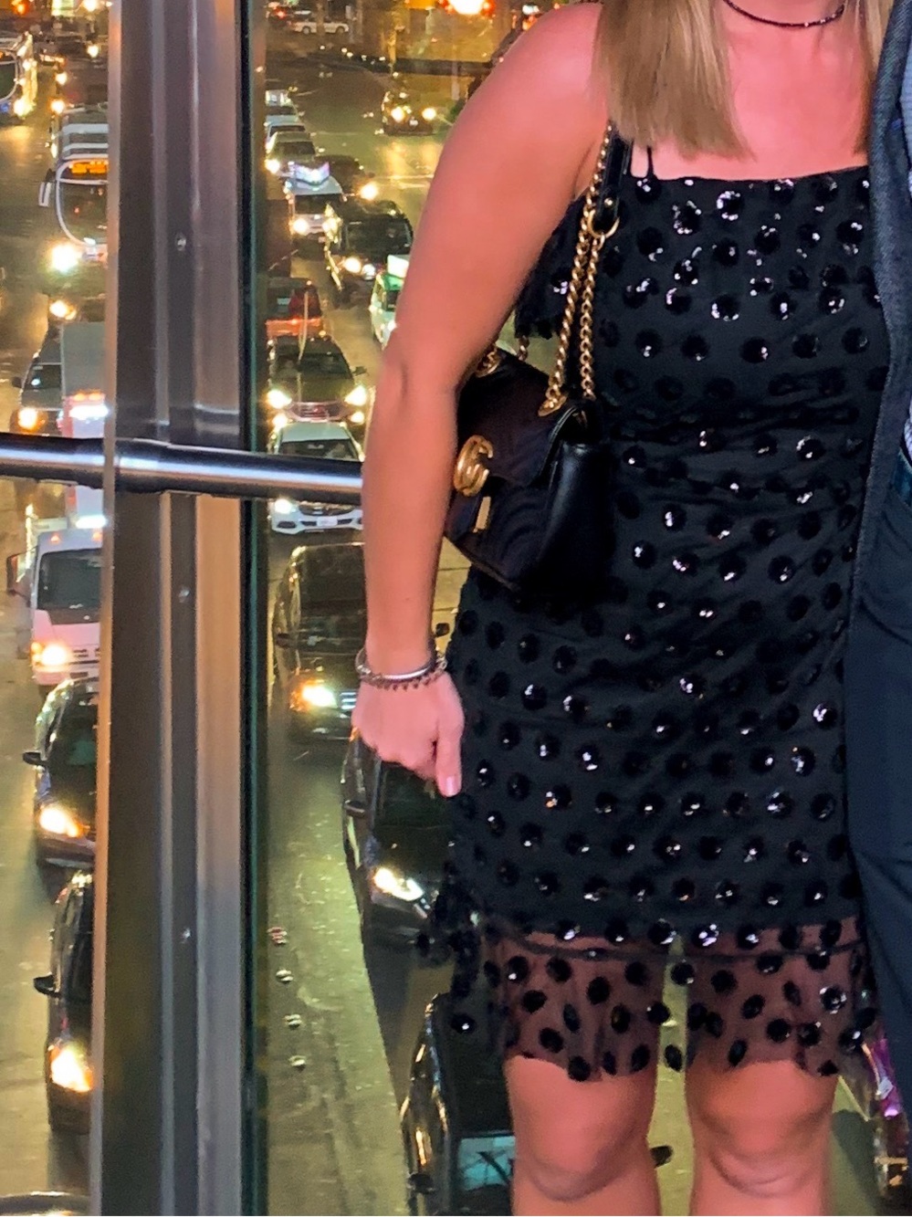Black Sequin-Embellished Mini Dress with Sheer Polka Hem
